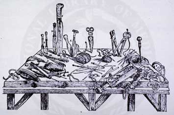 operating table and various surgical instruments