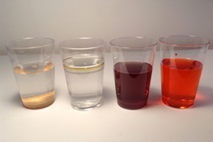 From left to right: sand, oil, drink mix, food color